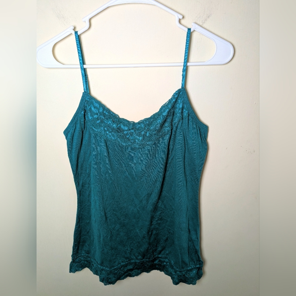 TankTop Womens Teal Green L Cami Lace Trimmed Fairy Boho Crinkle Angelcore